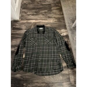 Barbour Elbow Patch Heavy Flannel Cotton Plaid Shirt Green Men's M 487‎